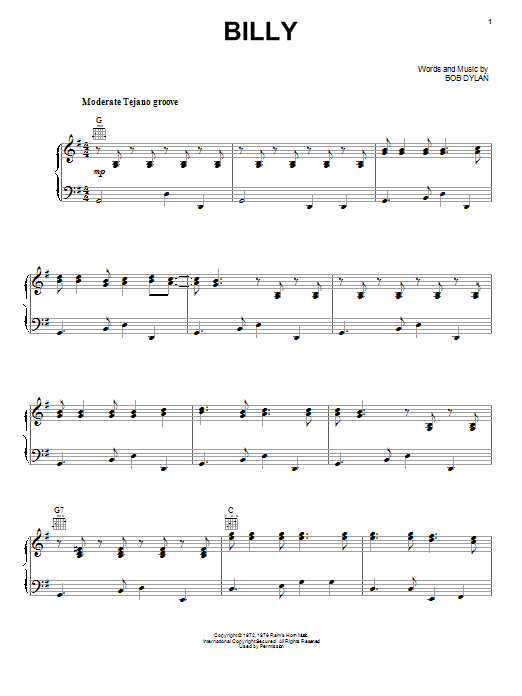 Los Lobos Billy Sheet Music Notes & Chords for Piano, Vocal & Guitar (Right-Hand Melody) - Download or Print PDF