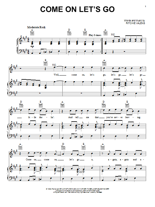 Los Lobos Come On Let's Go Sheet Music Notes & Chords for Piano, Vocal & Guitar (Right-Hand Melody) - Download or Print PDF