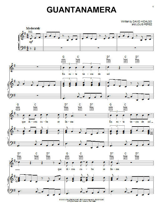 Los Lobos Guantanamera Sheet Music Notes & Chords for Piano, Vocal & Guitar (Right-Hand Melody) - Download or Print PDF
