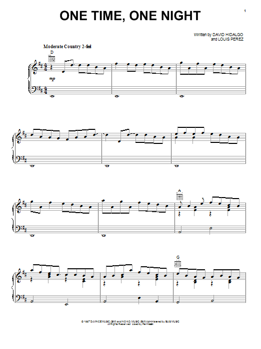 Los Lobos One Time, One Night Sheet Music Notes & Chords for Piano, Vocal & Guitar (Right-Hand Melody) - Download or Print PDF