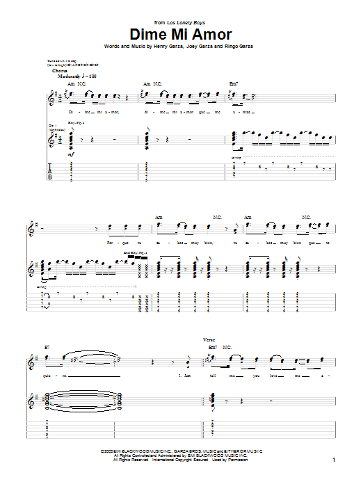 Los Lonely Boys Dime Mi Amor Sheet Music Notes & Chords for Guitar Tab - Download or Print PDF