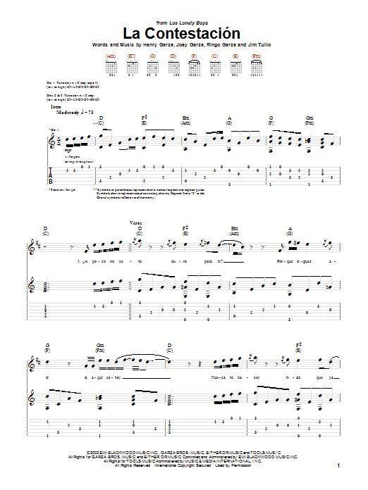 Los Lonely Boys La Contestacion Sheet Music Notes & Chords for Piano, Vocal & Guitar (Right-Hand Melody) - Download or Print PDF
