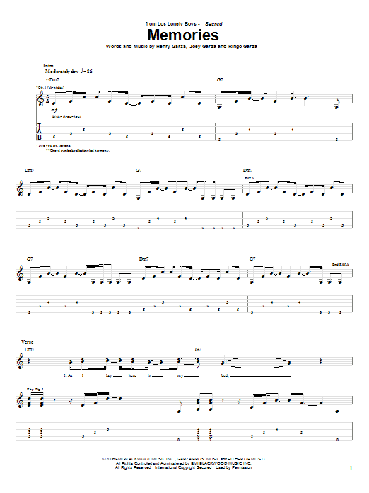Los Lonely Boys Memories Sheet Music Notes & Chords for Guitar Tab - Download or Print PDF