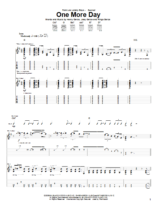 Los Lonely Boys One More Day Sheet Music Notes & Chords for Guitar Tab - Download or Print PDF