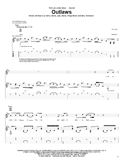 Los Lonely Boys Outlaws Sheet Music Notes & Chords for Guitar Tab - Download or Print PDF