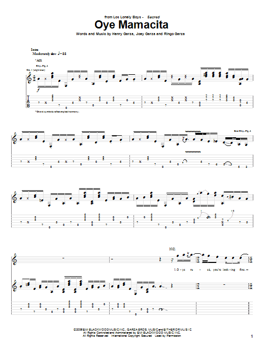 Los Lonely Boys Oye Mamacita Sheet Music Notes & Chords for Guitar Tab - Download or Print PDF