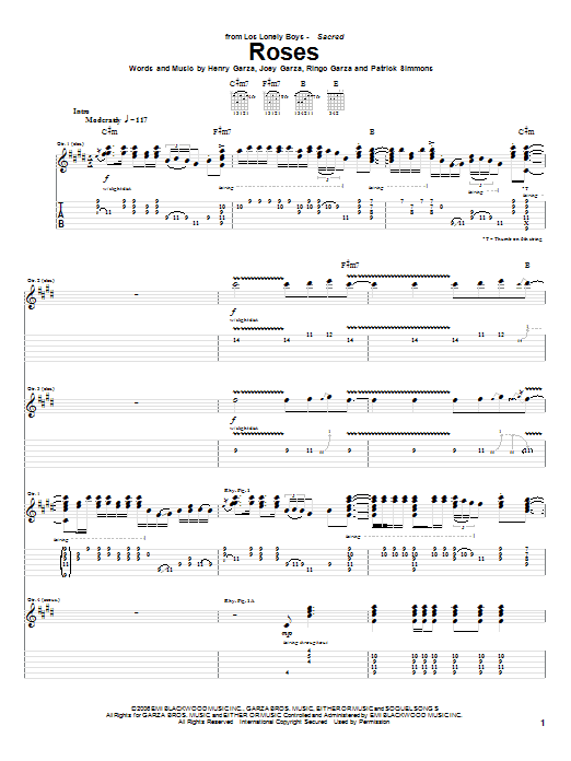 Los Lonely Boys Roses Sheet Music Notes & Chords for Guitar Tab - Download or Print PDF