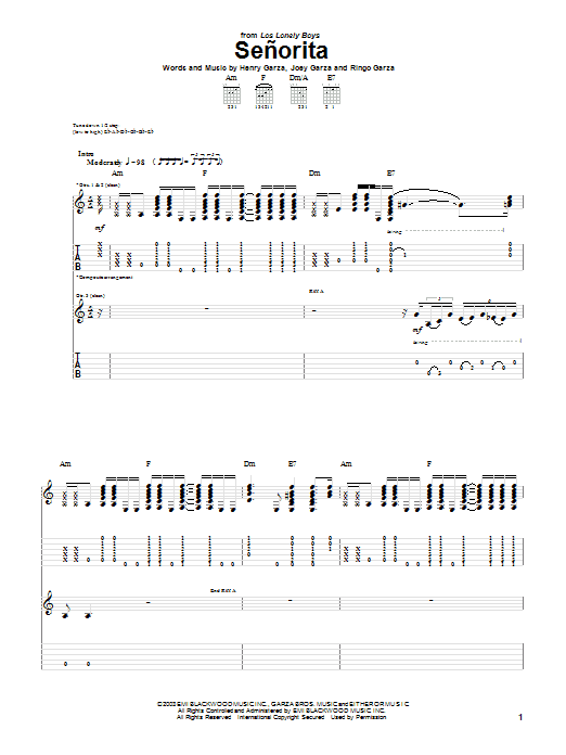 Los Lonely Boys Senorita Sheet Music Notes & Chords for Guitar Tab - Download or Print PDF