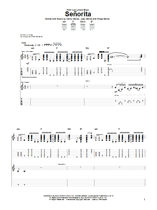 Los Lonely Boys Senorita Sheet Music Notes & Chords for Piano, Vocal & Guitar (Right-Hand Melody) - Download or Print PDF