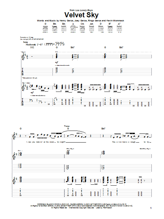 Los Lonely Boys Velvet Sky Sheet Music Notes & Chords for Piano, Vocal & Guitar (Right-Hand Melody) - Download or Print PDF