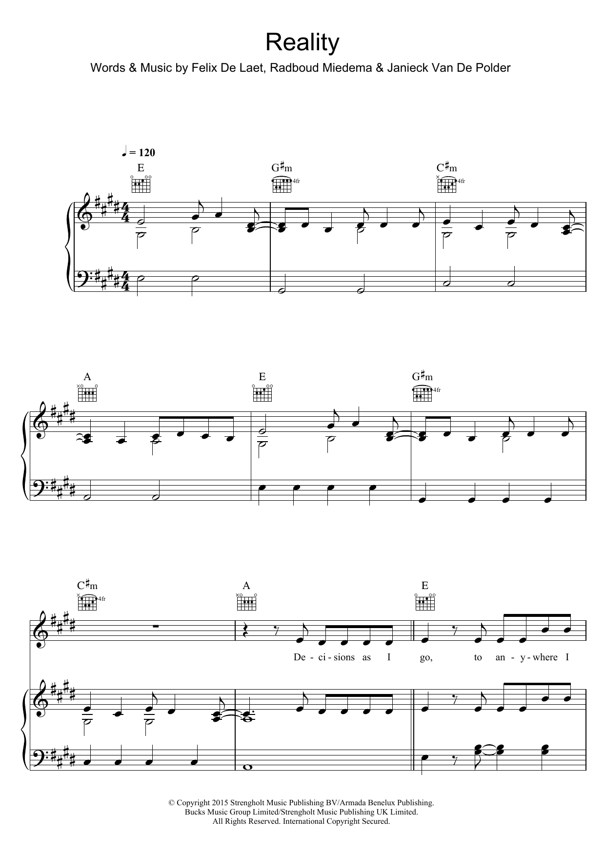 Lost Frequencies Reality Sheet Music Notes & Chords for Piano, Vocal & Guitar (Right-Hand Melody) - Download or Print PDF