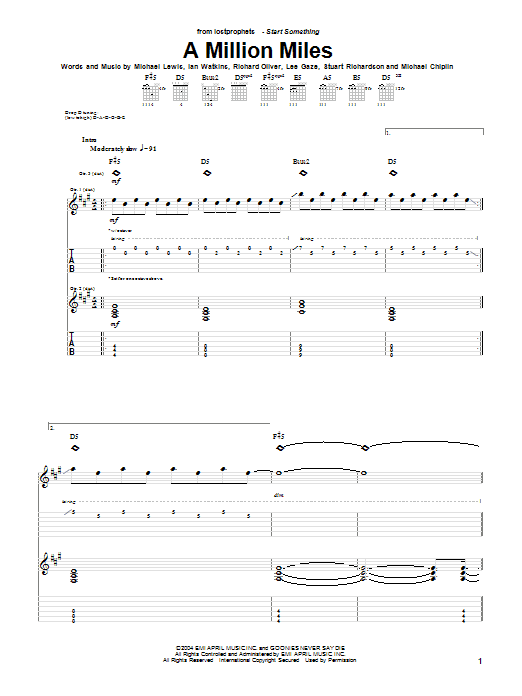 Lostprophets A Million Miles Sheet Music Notes & Chords for Guitar Tab - Download or Print PDF