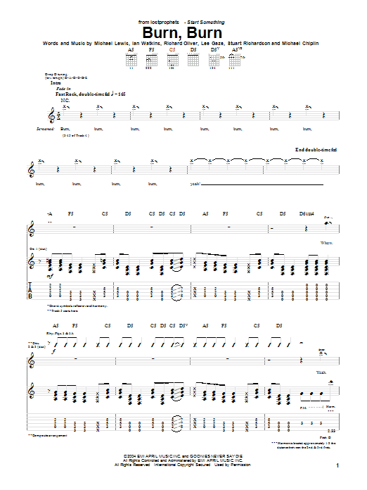 Lostprophets Burn, Burn Sheet Music Notes & Chords for Guitar Tab - Download or Print PDF