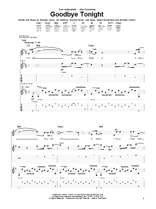 Lostprophets Goodbye Tonight Sheet Music Notes & Chords for Guitar Tab - Download or Print PDF