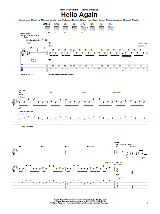 Lostprophets Hello Again Sheet Music Notes & Chords for Guitar Tab - Download or Print PDF