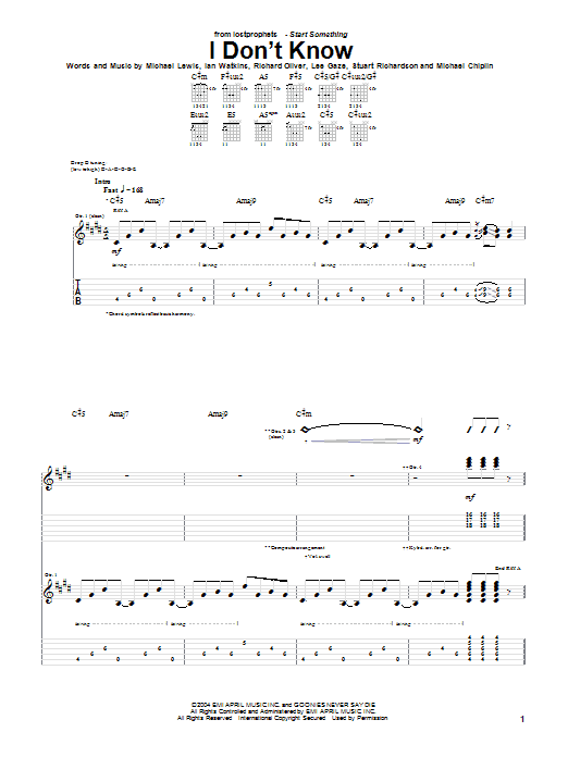 Lostprophets I Don't Know Sheet Music Notes & Chords for Guitar Tab - Download or Print PDF