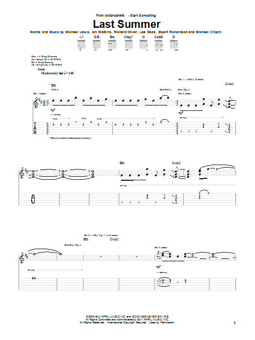Lostprophets Last Summer Sheet Music Notes & Chords for Guitar Tab - Download or Print PDF