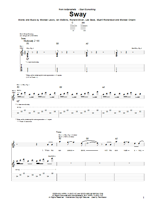 Lostprophets Sway Sheet Music Notes & Chords for Guitar Tab - Download or Print PDF