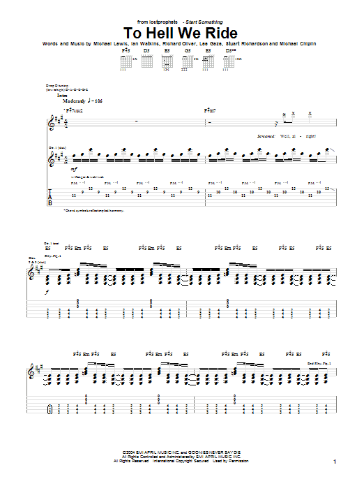 Lostprophets To Hell We Ride Sheet Music Notes & Chords for Guitar Tab - Download or Print PDF
