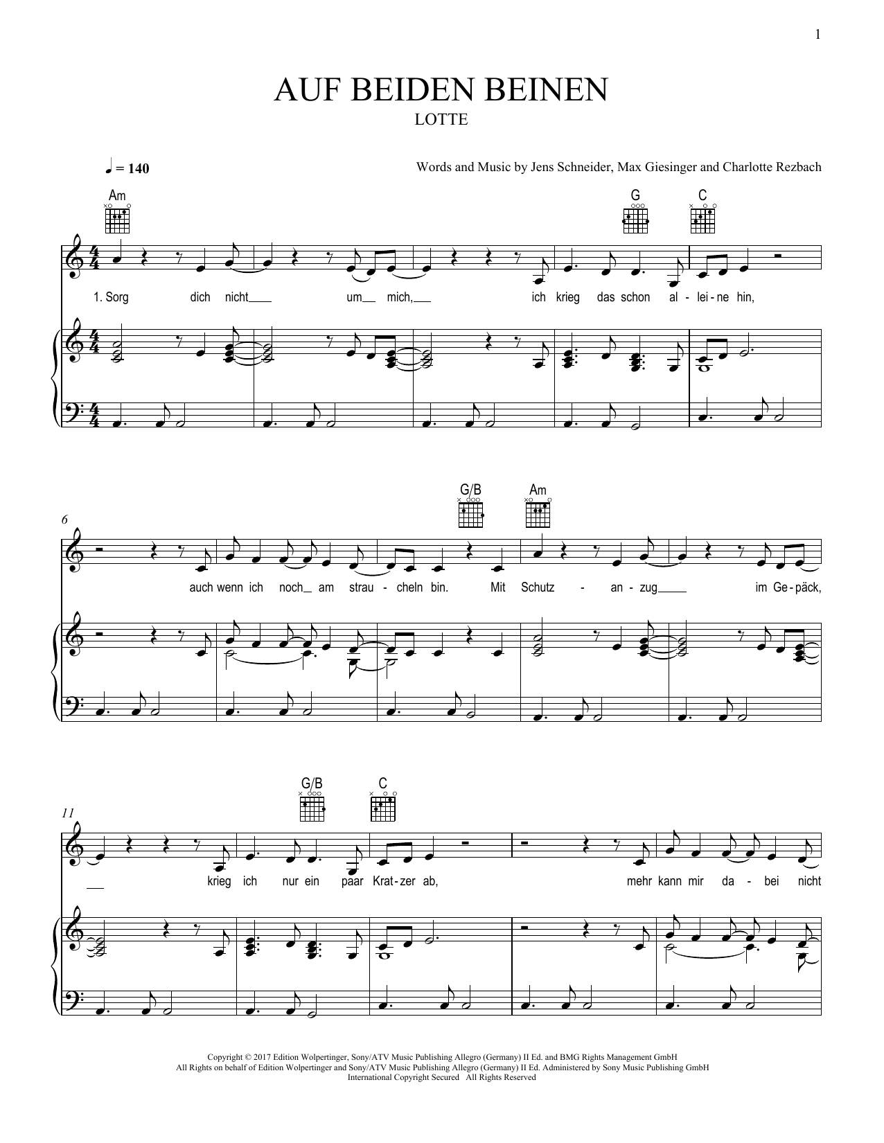 LOTTE Auf beiden Beinen Sheet Music Notes & Chords for Piano, Vocal & Guitar Chords (Right-Hand Melody) - Download or Print PDF