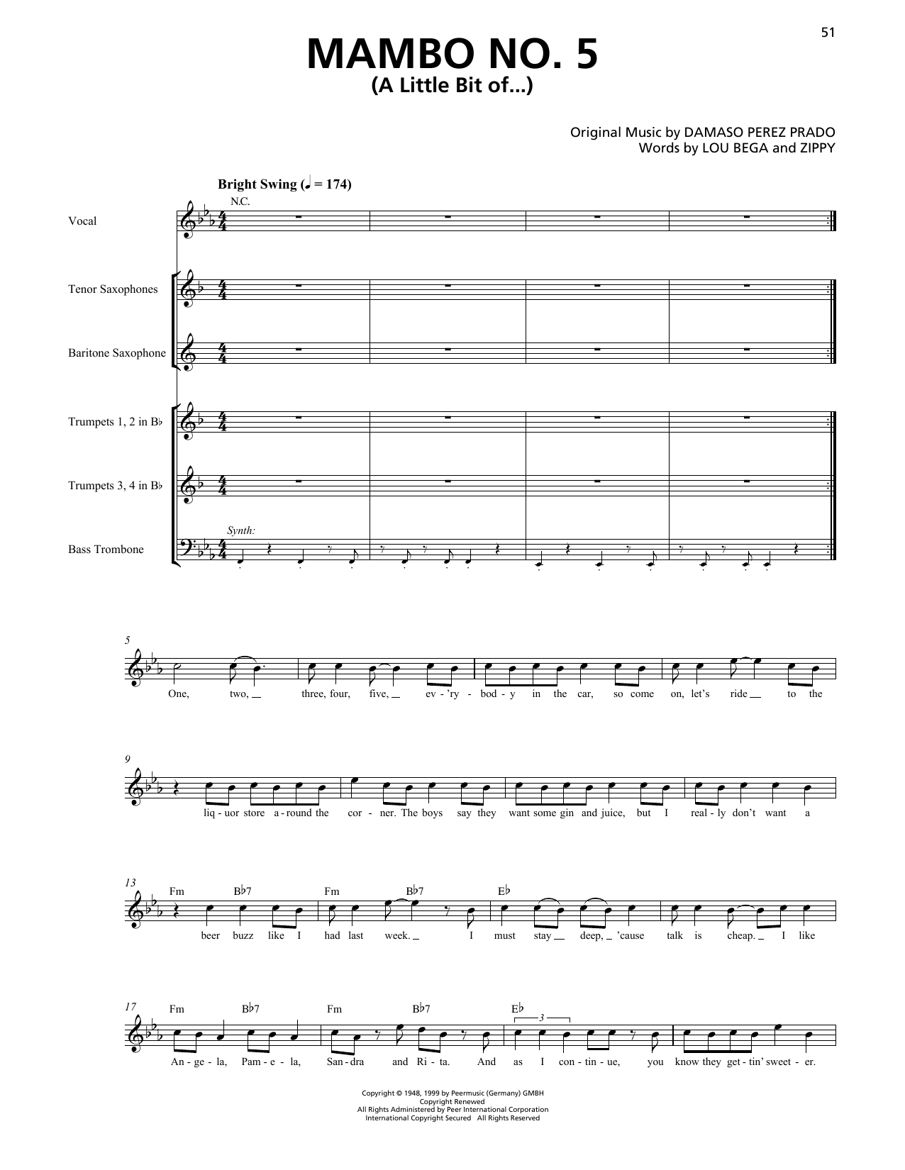 Lou Bega Mambo No. 5 (A Little Bit Of...) (Horn Section) Sheet Music Notes & Chords for Transcribed Score - Download or Print PDF