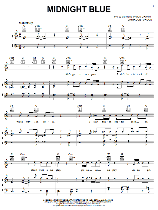 Lou Gramm Midnight Blue Sheet Music Notes & Chords for Lyrics & Chords - Download or Print PDF