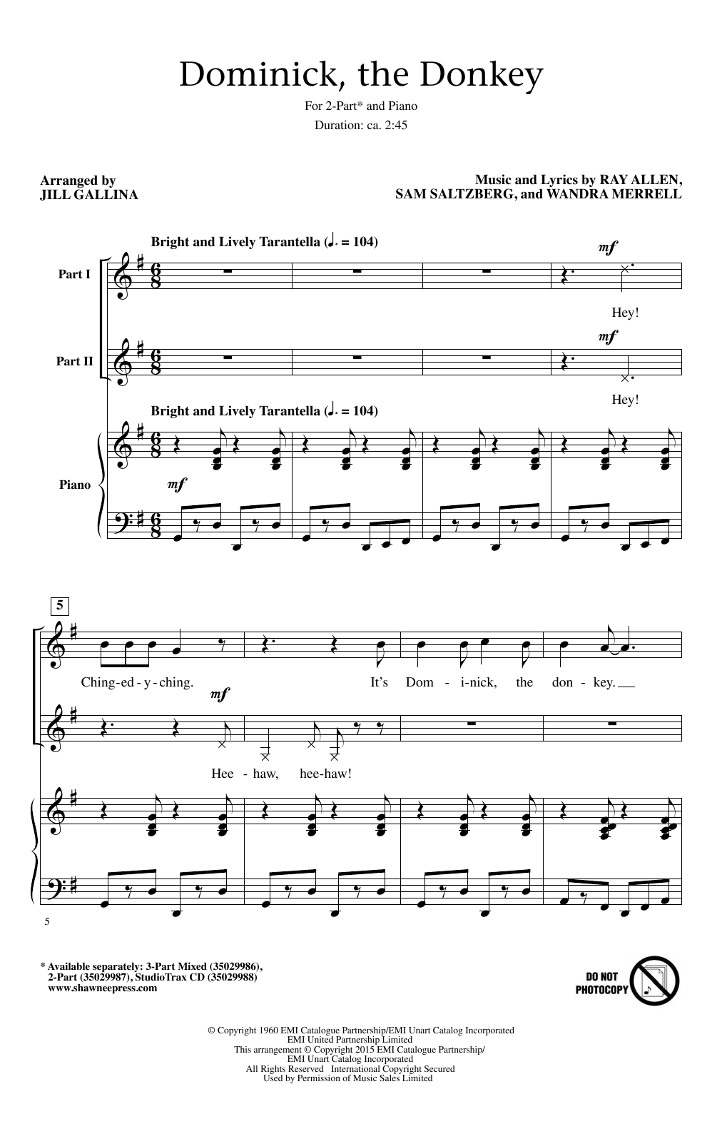 Lou Monte Dominick, The Donkey (arr. Jill Gallina) Sheet Music Notes & Chords for 2-Part Choir - Download or Print PDF