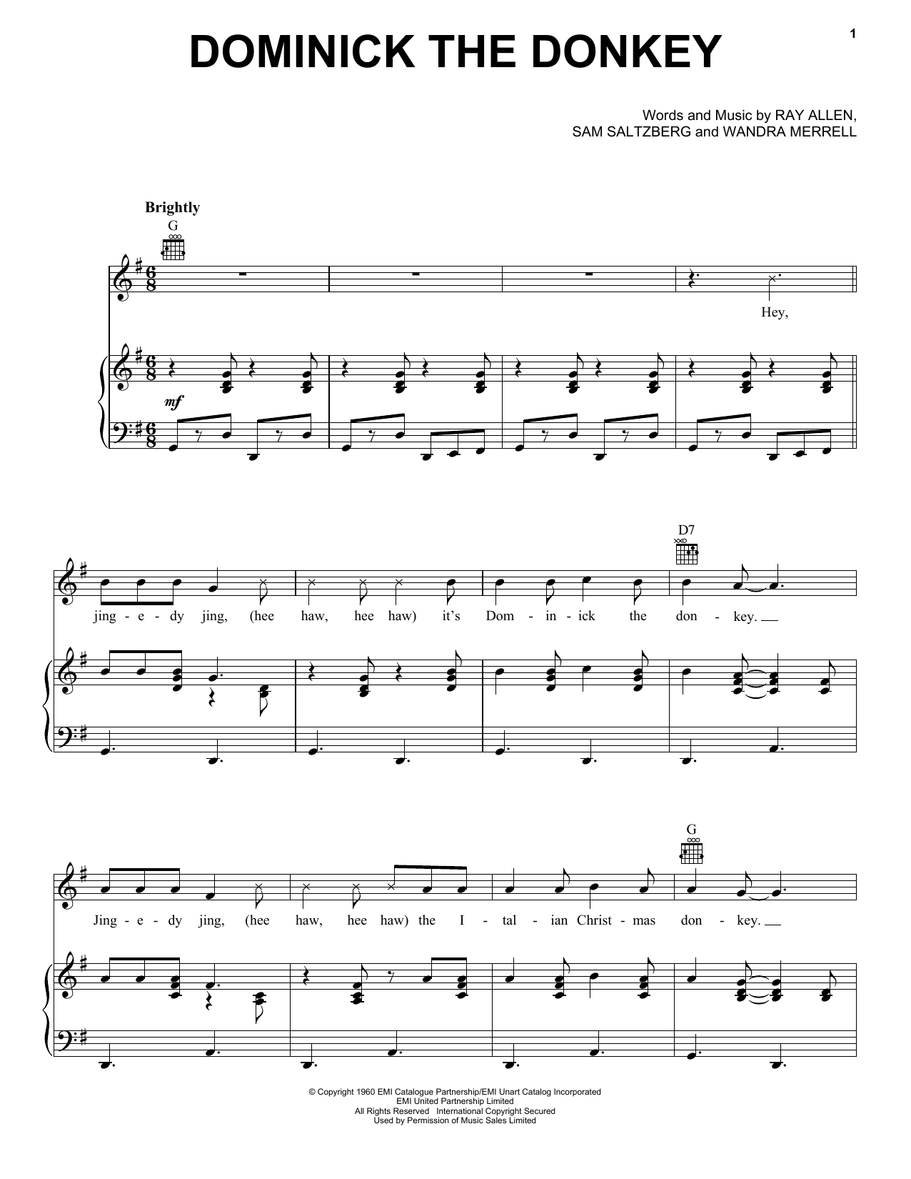 Lou Monte Dominick, The Donkey Sheet Music Notes & Chords for Piano, Vocal & Guitar (Right-Hand Melody) - Download or Print PDF