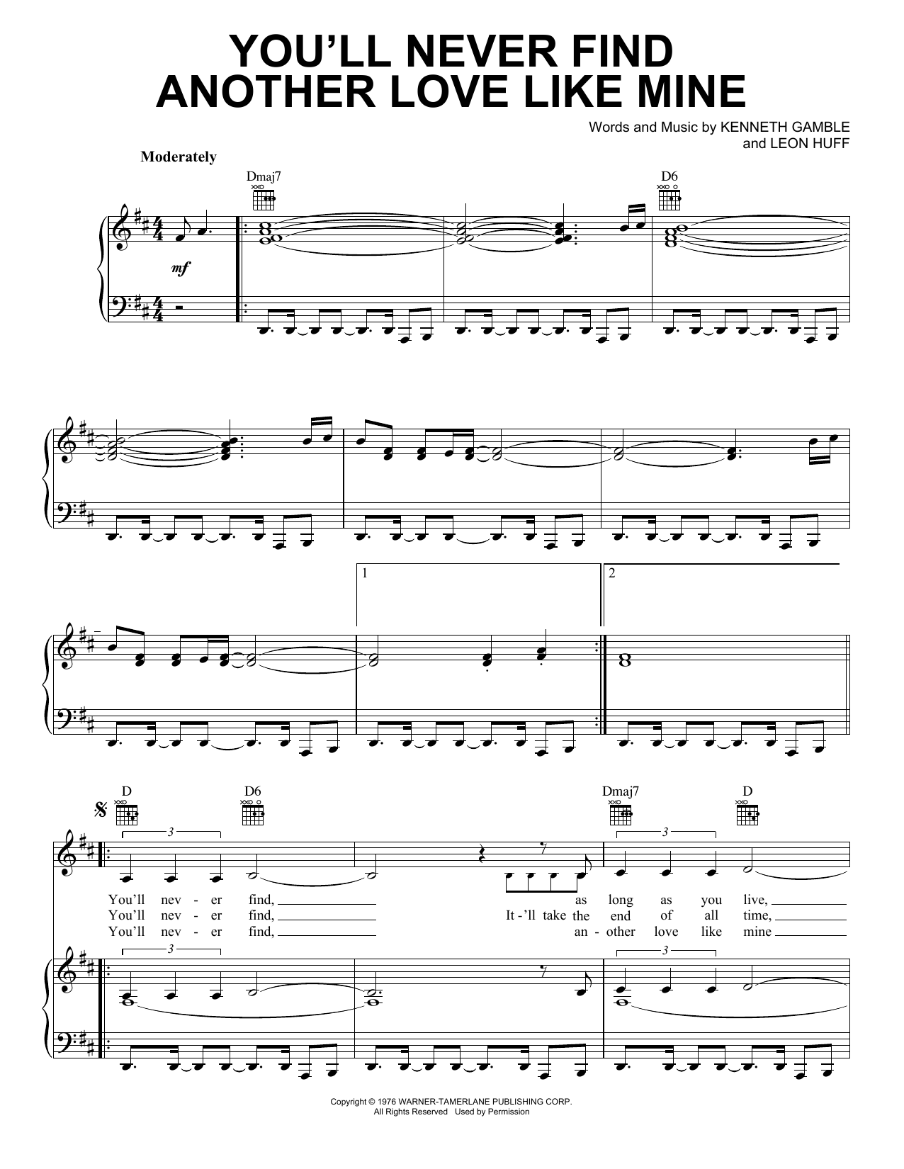 Lou Rawls You'll Never Find Another Love Like Mine Sheet Music Notes & Chords for Piano, Vocal & Guitar (Right-Hand Melody) - Download or Print PDF