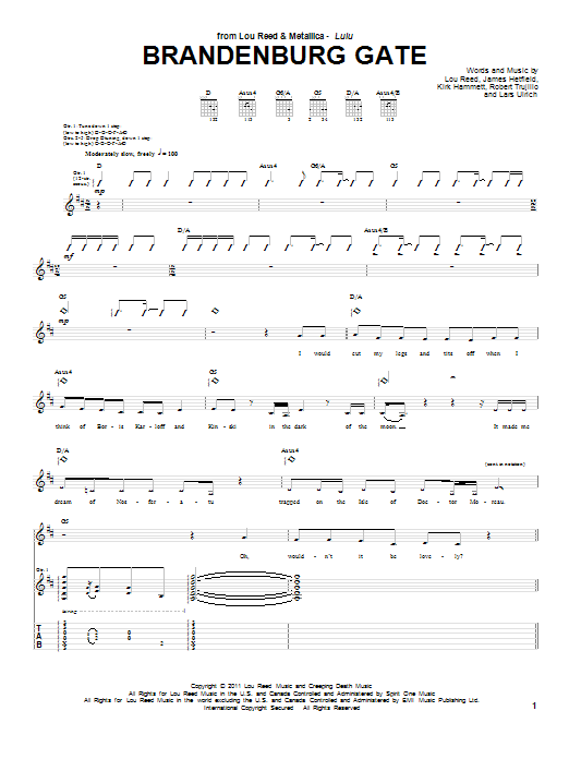 Lou Reed & Metallica Brandenburg Gate Sheet Music Notes & Chords for Guitar Tab - Download or Print PDF