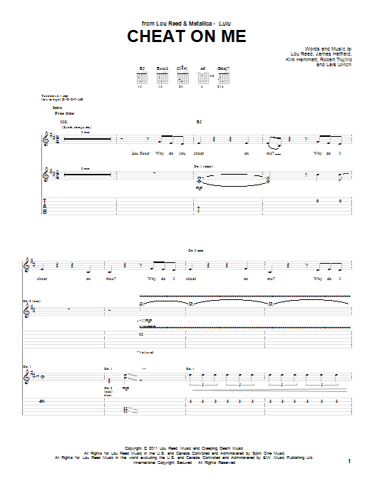 Lou Reed & Metallica Cheat On Me Sheet Music Notes & Chords for Guitar Tab - Download or Print PDF