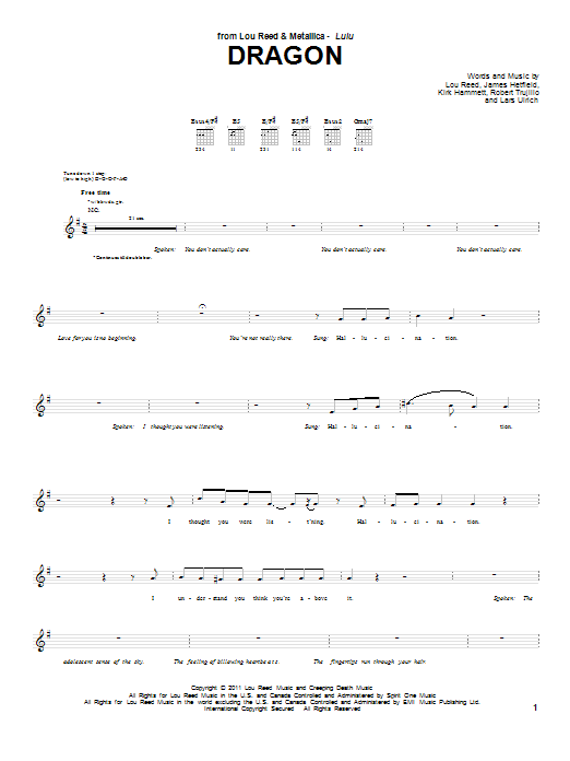 Lou Reed & Metallica Dragon Sheet Music Notes & Chords for Guitar Tab - Download or Print PDF