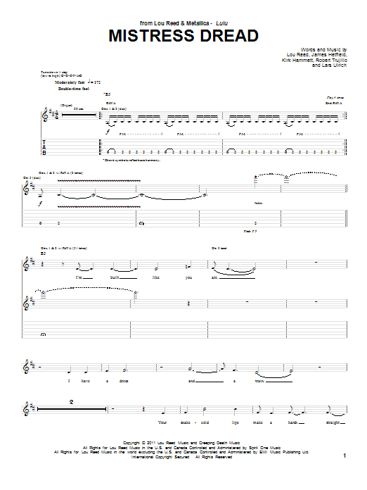 Lou Reed & Metallica Mistress Dread Sheet Music Notes & Chords for Guitar Tab - Download or Print PDF