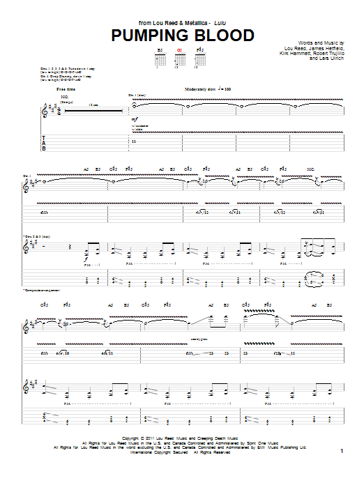 Lou Reed & Metallica Pumping Blood Sheet Music Notes & Chords for Guitar Tab - Download or Print PDF