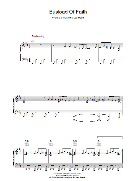 Lou Reed Busload Of Faith Sheet Music Notes & Chords for Piano, Vocal & Guitar - Download or Print PDF