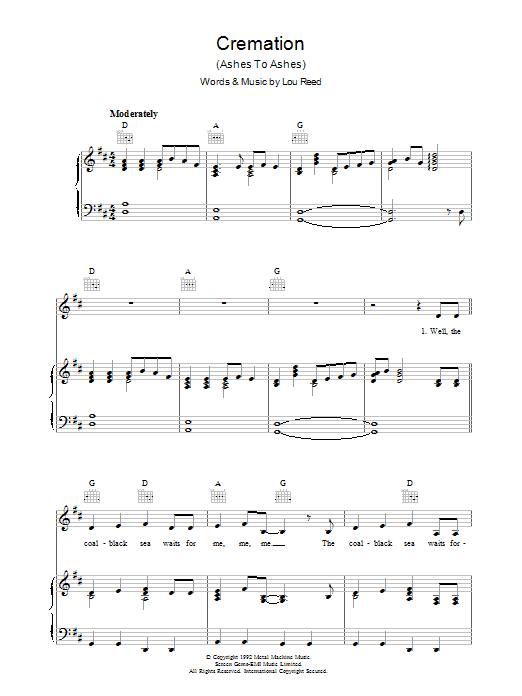 Lou Reed Cremation Sheet Music Notes & Chords for Piano, Vocal & Guitar (Right-Hand Melody) - Download or Print PDF