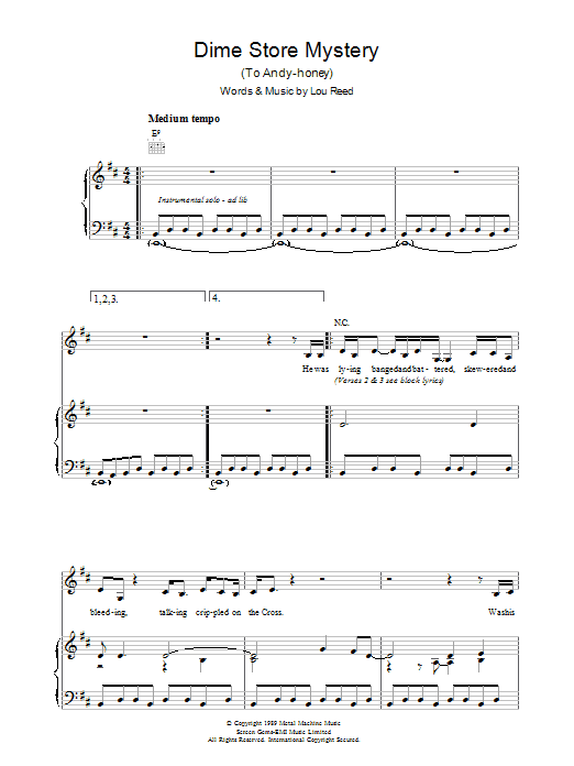 Lou Reed Dime Store Mystery Sheet Music Notes & Chords for Piano, Vocal & Guitar - Download or Print PDF