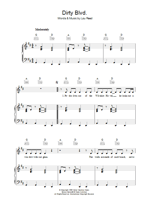 Lou Reed Dirty Blvd. Sheet Music Notes & Chords for Piano, Vocal & Guitar - Download or Print PDF