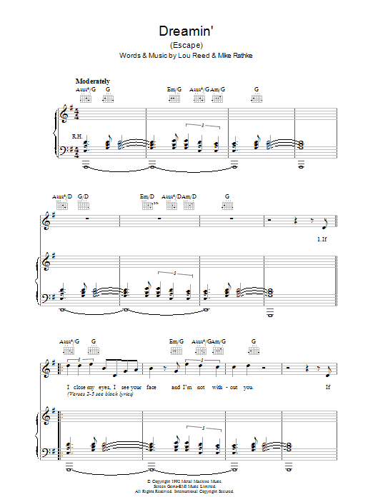 Lou Reed Dreamin' Sheet Music Notes & Chords for Piano, Vocal & Guitar - Download or Print PDF