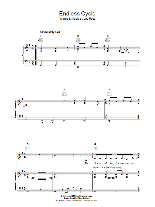 Lou Reed Endless Cycle Sheet Music Notes & Chords for Piano, Vocal & Guitar - Download or Print PDF