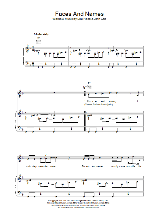 Lou Reed Faces And Names Sheet Music Notes & Chords for Piano, Vocal & Guitar - Download or Print PDF