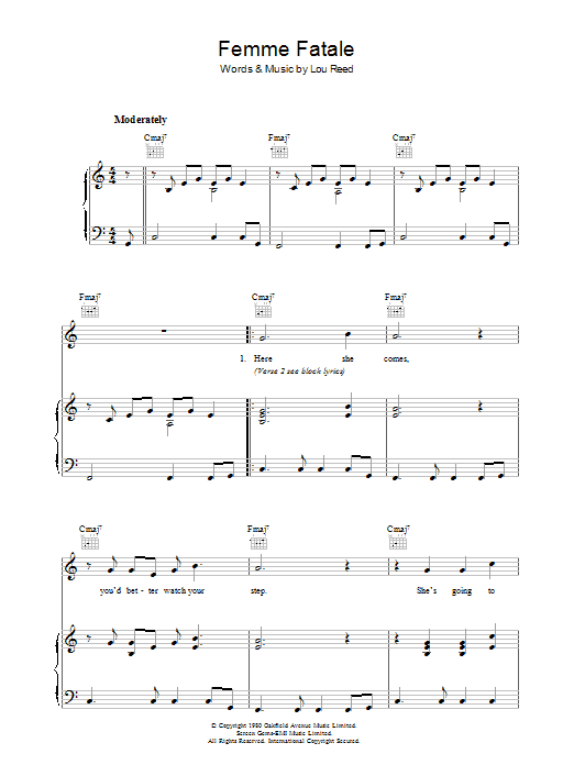 Lou Reed Femme Fatale Sheet Music Notes & Chords for Piano, Vocal & Guitar (Right-Hand Melody) - Download or Print PDF