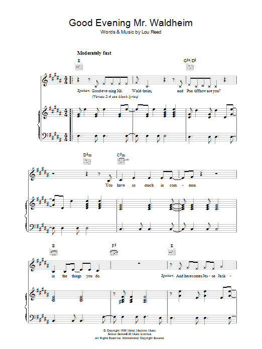 Lou Reed Good Evening Mr. Waldheim Sheet Music Notes & Chords for Piano, Vocal & Guitar - Download or Print PDF