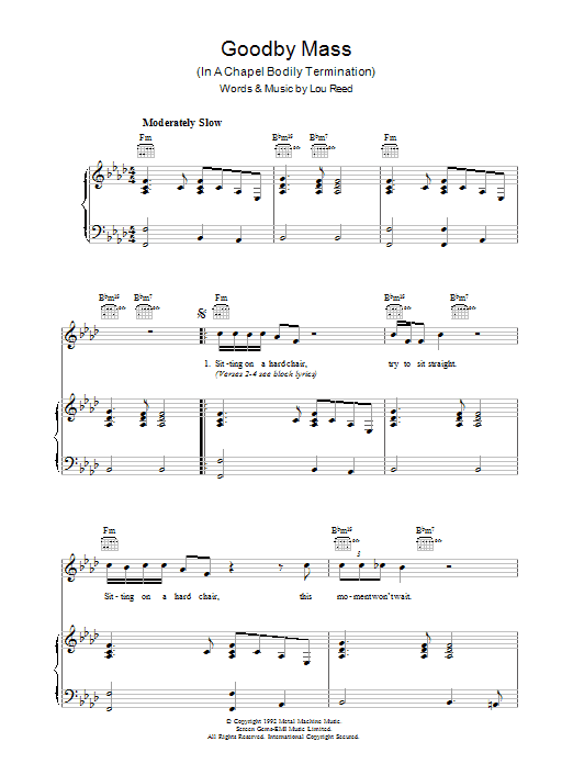 Lou Reed Goodby Mass Sheet Music Notes & Chords for Piano, Vocal & Guitar - Download or Print PDF