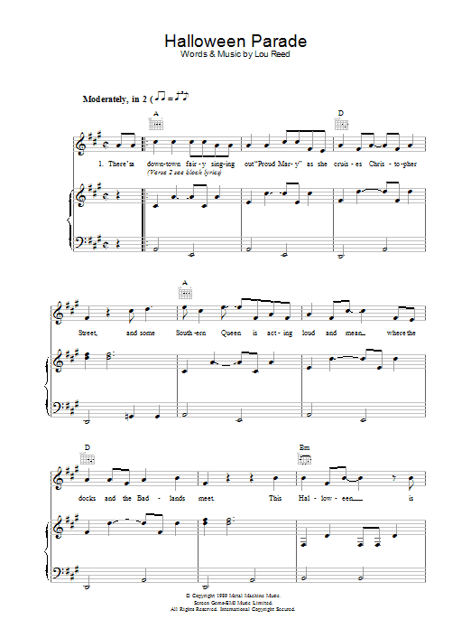Lou Reed Halloween Parade Sheet Music Notes & Chords for Piano, Vocal & Guitar - Download or Print PDF Lou Reed Halloween Parade Sheet Music Notes & Chords for Piano, Vocal & Guitar - Download or Print PDF