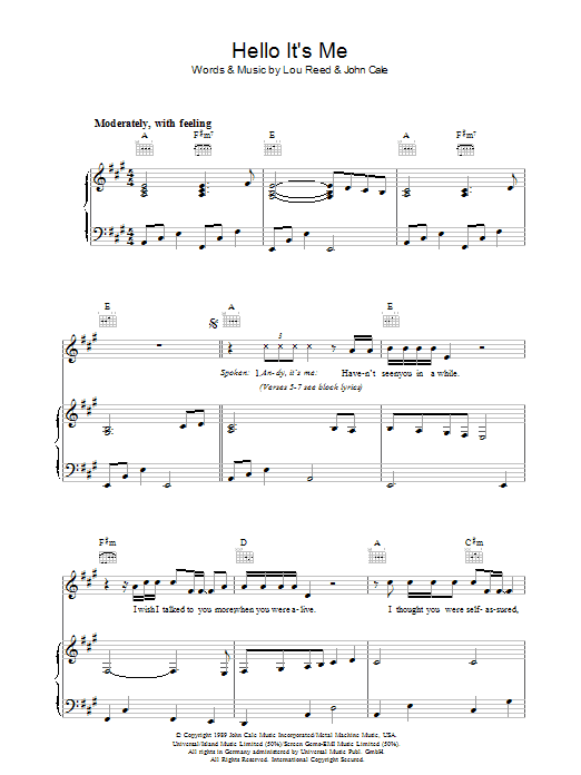 Lou Reed Hello It's Me Sheet Music Notes & Chords for Piano, Vocal & Guitar - Download or Print PDF