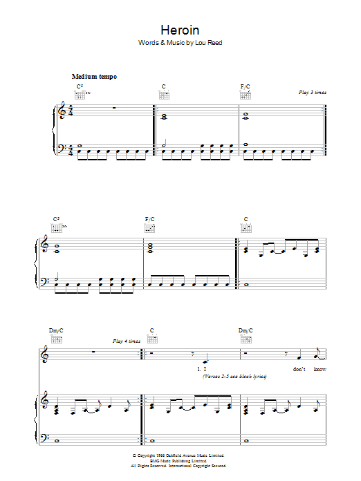 Lou Reed Heroin Sheet Music Notes & Chords for Piano, Vocal & Guitar - Download or Print PDF