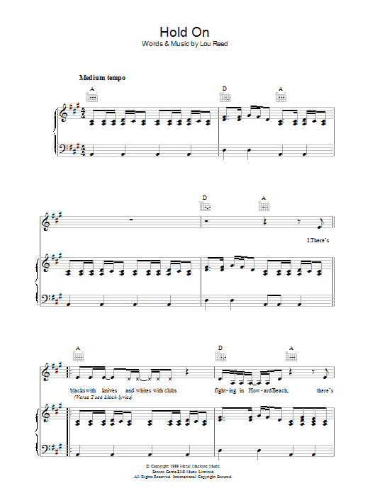 Lou Reed Hold On Sheet Music Notes & Chords for Piano, Vocal & Guitar - Download or Print PDF