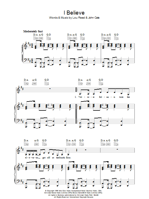 Lou Reed I Believe Sheet Music Notes & Chords for Piano, Vocal & Guitar - Download or Print PDF