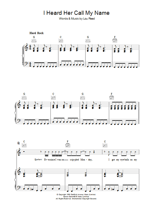 Lou Reed I Heard Her Call My Name Sheet Music Notes & Chords for Piano, Vocal & Guitar - Download or Print PDF Lou Reed I Heard Her Call My Name Sheet Music Notes & Chords for Piano, Vocal & Guitar - Download or Print PDF